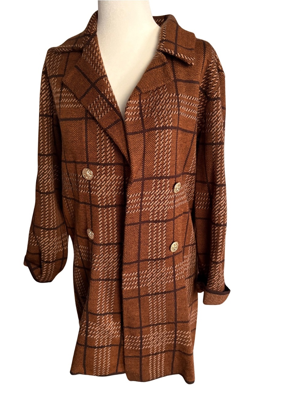 Anne Klein‎ Preppy Plaid Double-Breasted Coatigan Brown Medium | Classic Fall
